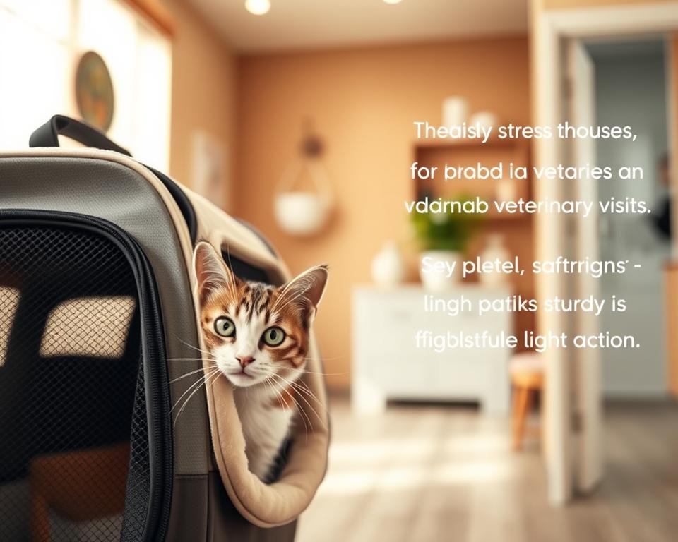 A cozy cat carrier designed to reduce stress during veterinary visits, captured in a warm, natural lighting. The carrier features a plush interior, ventilated mesh panels, and a sturdy yet lightweight construction. In the foreground, a curious feline peeks out, its eyes filled with a sense of calm. The middle ground showcases the carrier's thoughtful design details, while the background depicts a serene veterinary office setting, with soothing earth-toned decor and gentle ambient lighting. The overall mood conveys a stress-free, comforting environment for both the cat and its owner.