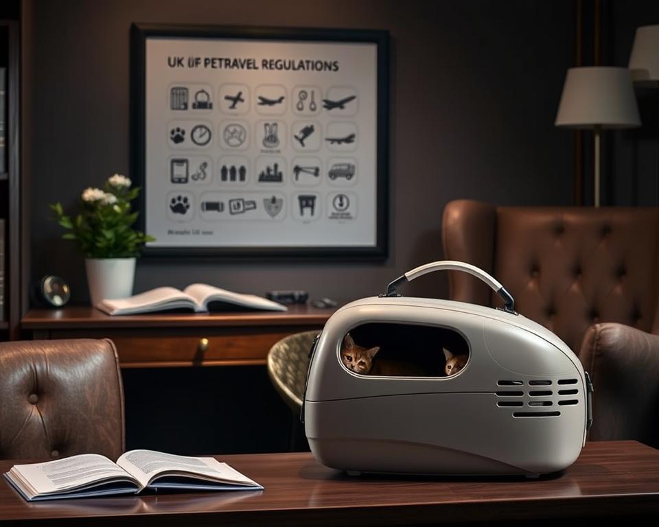 A cozy, dimly lit study with a wooden desk and plush armchair. On the desk, an open book and a potted plant. In the foreground, a stylish cat carrier bag in a neutral tone, its design showcasing sleek lines and discreet ventilation. Soft, diffused lighting illuminates the scene, creating a sense of warmth and tranquility. The background features a framed illustration depicting various icons and symbols related to UK pet travel regulations, including paw prints, travel documents, and airport security checkpoints. The overall composition conveys a sense of quiet sophistication, reflecting the subject matter of stylish cat transportation within the regulated confines of UK travel.