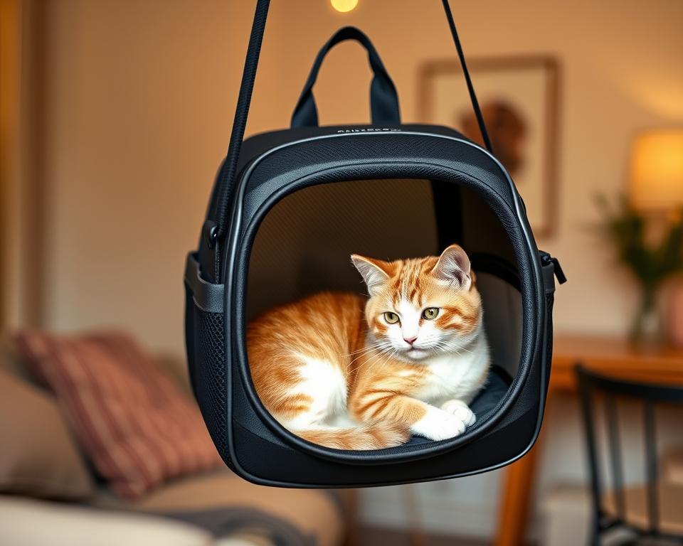 A cozy feline carrier suspended from a sleek, adjustable strap. The cat nestled inside, peering out with content curiosity, its soft fur catching the warm, diffused lighting. The carrier's minimalist, modern design features durable mesh panels for breathability, complemented by a sturdy yet flexible frame. In the background, a tranquil domestic setting, hinting at the comfort and convenience of this stylish alternative to a traditional cat backpack.
