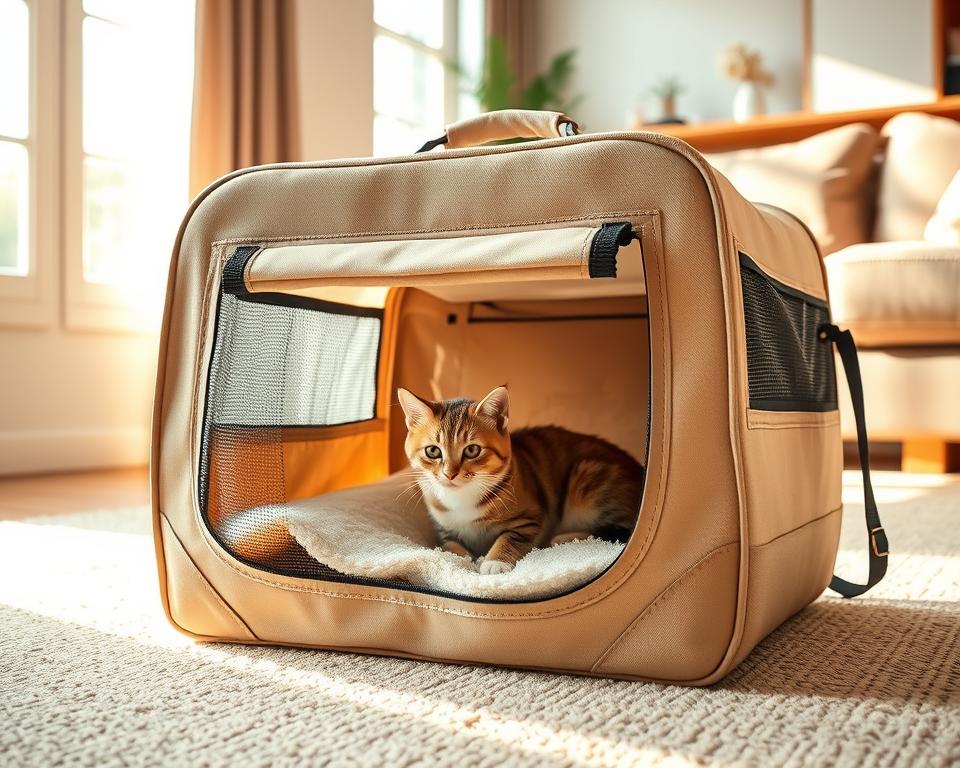 A cozy feline travel carrier sits in a warm, inviting living room. The carrier is made of sturdy beige fabric with mesh panels, providing ample ventilation and visibility for a curious cat. Soft plush bedding lines the bottom, creating a comfortable and familiar-smelling nest. Sunlight filters through nearby windows, casting a gentle glow and creating an atmosphere of tranquility. The carrier is positioned prominently, encouraging the cat to explore and become accustomed to its new sanctuary. The scene conveys a sense of safety, comfort, and the cat's gradual acceptance of their portable home.