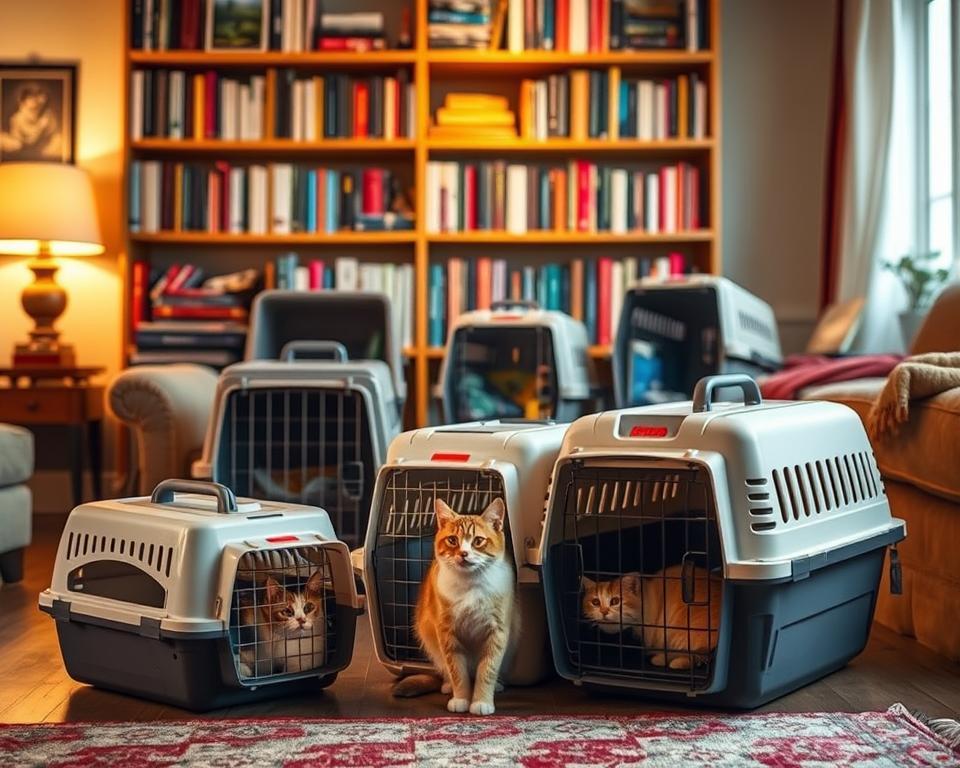 A cozy home interior with a bookshelf in the background, showcasing various B&M cat carriers on display. The carriers are positioned prominently in the foreground, capturing the attention of the viewer. The lighting is warm and inviting, creating a welcoming atmosphere. The carriers are depicted in detail, highlighting their unique features and designs. The overall scene conveys a sense of customer-focused reviews, allowing the viewer to imagine themselves evaluating the carriers for their feline companions.