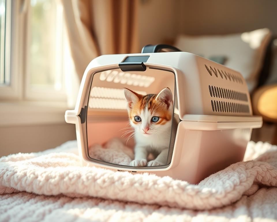 A cozy kitten carrier sits atop a soft, plush blanket, its pale pink hue complementing the delicate features of the tiny feline within. Sunlight streams through a nearby window, casting a warm, golden glow over the scene. The carrier's sturdy mesh panels allow for ample ventilation, ensuring the kitten's comfort during transport. Its sleek, modern design features a convenient top-loading access point, making it easy to gently place the kitten inside. The carrier's compact size is perfect for small, young cats, while its durable construction promises long-lasting use. A sense of tranquility and security emanates from the image, capturing the essence of a safe, comfortable journey for the cherished kitten.