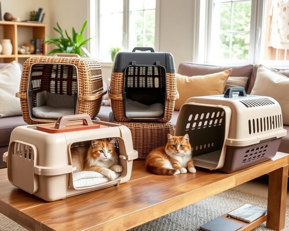 A cozy living room interior with natural lighting streaming through large windows, showcasing several budget-friendly UK cat carriers prominently displayed on a wooden coffee table. The carriers are made of durable, high-quality materials like woven rattan and sturdy plastic, featuring plush cushions and ventilation holes for the comfort of the feline passengers. The carriers come in a variety of neutral tones like beige, gray, and brown, blending seamlessly with the room's warm, inviting color palette. A fluffy cat lounges contentedly inside one of the carriers, its tranquil expression conveying the carriers' suitability for budget-conscious pet owners in the UK.