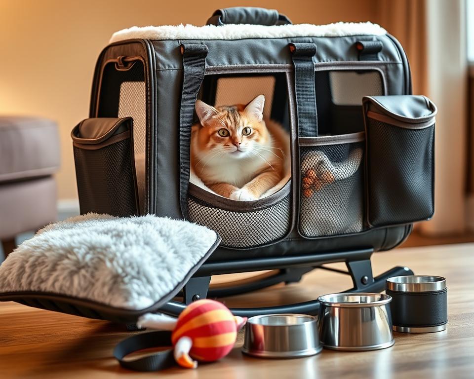 A cozy plus-size cat carrier with plush bedding and an abundance of pockets for storing treats, toys, and essential supplies. The carrier sits atop a sturdy base, gently rocking back and forth to soothe the feline passenger. Adjustable straps and breathable mesh panels ensure optimal comfort and ventilation. In the foreground, a selection of coordinating accessories - a fluffy pillow, a catnip-filled kicker toy, and a travel water bowl - create a delightful ensemble for the discerning feline traveler. Warm, diffused lighting casts a comforting glow, while the background subtly blurs, keeping the focus on the meticulously crafted carrier and its thoughtful accoutrements.