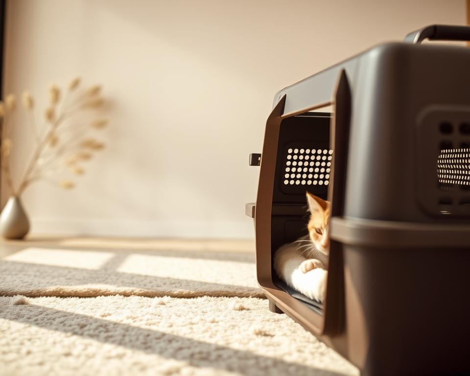 A cozy, well-appointed cat carrier, captured in a warm, inviting light. In the foreground, the carrier's interior is visible, showcasing plush bedding, ventilation windows, and thoughtful design details that prioritize a feline's comfort. The middle ground features the carrier's sturdy exterior, crafted from durable, easy-to-clean materials. In the background, a minimalist, nature-inspired backdrop sets a serene, calming atmosphere, evoking the sense of a tranquil journey with a beloved pet. Soft, diffused lighting casts a gentle glow, highlighting the carrier's practical yet stylish aesthetic, tailored to accommodate a cat's unique needs.
