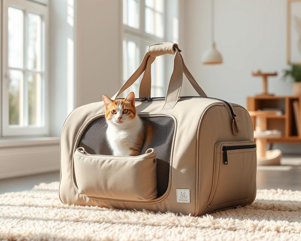 A cozy, well-designed cat carrier bag sits in a bright, airy room. The bag is made of soft, high-quality materials in a neutral color palette, with a comfortable padded interior and ventilated mesh panels to keep your feline friend safe and secure. The exterior features thoughtful details like reinforced handles, a sturdy zipper, and subtle branding. The carrier rests on a plush, textured rug, basking in natural light filtered through large windows. Nearby, a small cat tree or perch invites your cat to explore their new travel companion. The overall scene conveys a sense of tranquility and confidence, encouraging a positive association between your cat and their carrier.