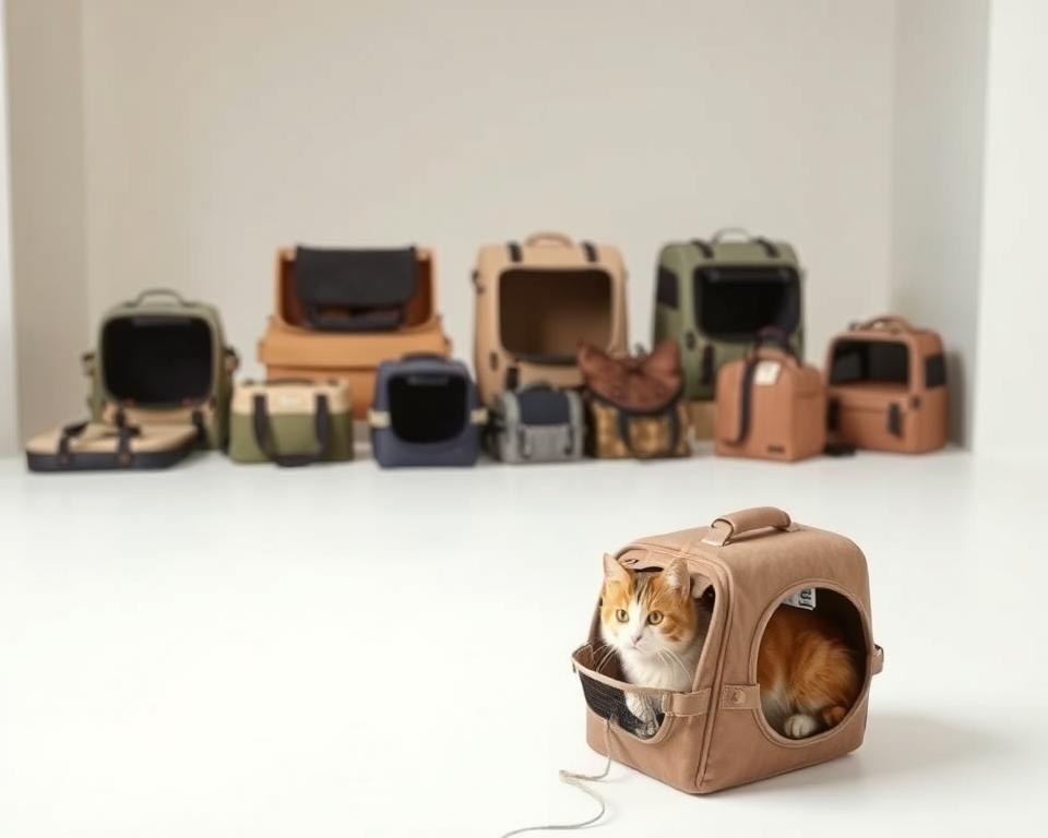 A cozy, well-designed cat carrier in a muted, earthy color palette sits in the foreground, its sturdy yet lightweight construction evident. In the middle ground, an array of practical yet stylish budget-friendly carriers in a variety of sizes and shapes are displayed, showcasing their functionality and affordability. The background features a clean, minimalist studio setting with soft, diffused lighting, emphasizing the carriers' quality and versatility. The overall scene conveys a sense of practicality, comfort, and value, perfectly capturing the essence of "budget-friendly cat carriers that don't compromise quality."