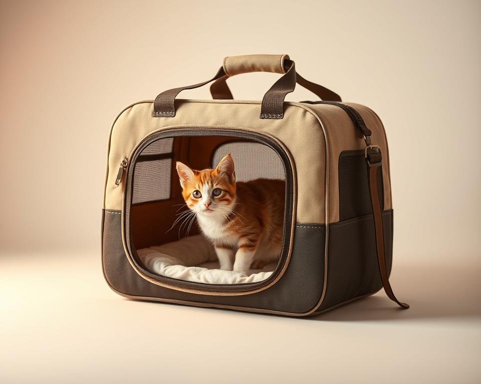 A cozy, well-designed cat carrier in a stylish, modern design. The carrier is made of high-quality, durable materials with a soft, plush interior that provides a comfortable and secure environment for the feline passenger. Sleek, minimalist lines with a front-facing mesh window allow for ample ventilation and visibility. The carrier features sturdy handles and an adjustable shoulder strap for easy, hands-free transport. Warm, soft lighting illuminates the scene, creating a serene, welcoming atmosphere to gently introduce the cat to their new mobile home. The carrier is positioned in a clean, uncluttered setting, allowing the design to take center stage.