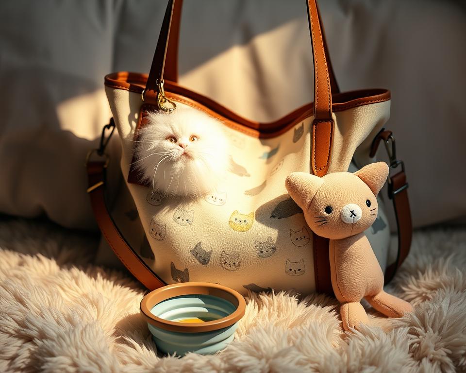 A cozy, well-lit cat tote bag rests on a soft, plush surface, adorned with a fluffy cat-themed keychain, a collapsible silicone food/water bowl, and a coordinating catnip-filled plush toy. The bag's design features playful cat illustrations in a range of pastel colors, complemented by sturdy leather straps and a secure zipper closure. The scene evokes a sense of comforting functionality and whimsical style, suitable for a stylish feline companion's daily adventures.