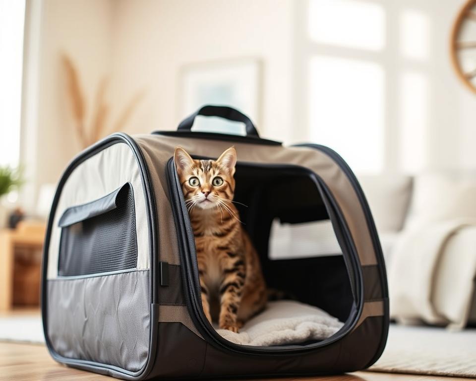 A cozy, well-lit home interior, featuring a collapsible cat carrier in the foreground. The carrier is made of sturdy yet lightweight materials, with a soft, plush interior and breathable mesh panels on the sides. It has a convenient top handle and folds flat for easy storage. In the middle ground, a tabby cat curiously peers out from the open carrier, its eyes bright and alert. The background showcases a minimalist, contemporary decor with subtle warm tones, creating a welcoming and comfortable atmosphere.