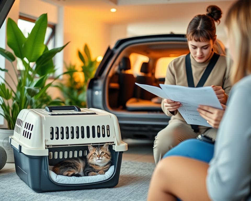 A cozy, well-lit indoor scene showcasing practical cat transport safety tips. In the foreground, a feline companion rests comfortably in a spacious, well-ventilated carrier with padded bedding. Nearby, a human caregiver reviews a checklist of essential supplies - collapsible carriers, harnesses, seat belts, and first-aid kits. The middle ground features a sleek, modern vehicle with a secure pet-friendly compartment. In the background, lush houseplants and warm lighting create a tranquil, homey atmosphere, conveying the importance of keeping cats safe and comfortable during seasonal journeys.