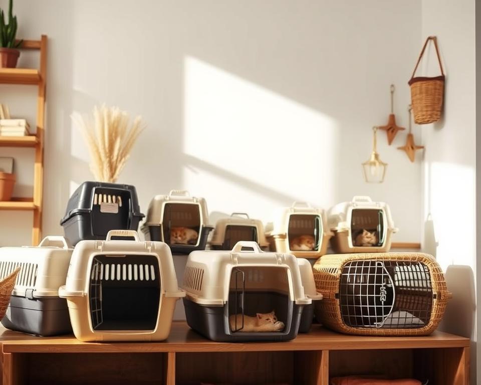 A cozy, well-lit interior setting showcasing a collection of budget-friendly cat carriers on display. The carriers are arranged neatly on a wooden shelf or table, showcasing a variety of shapes, sizes, and colors - from simple, functional plastic designs to more stylish woven rattan carriers. The lighting is soft and warm, creating a inviting ambiance. The background features clean, minimalist decor, allowing the cat carriers to take center stage. The overall scene conveys a sense of practical yet affordable solutions for transporting feline companions.