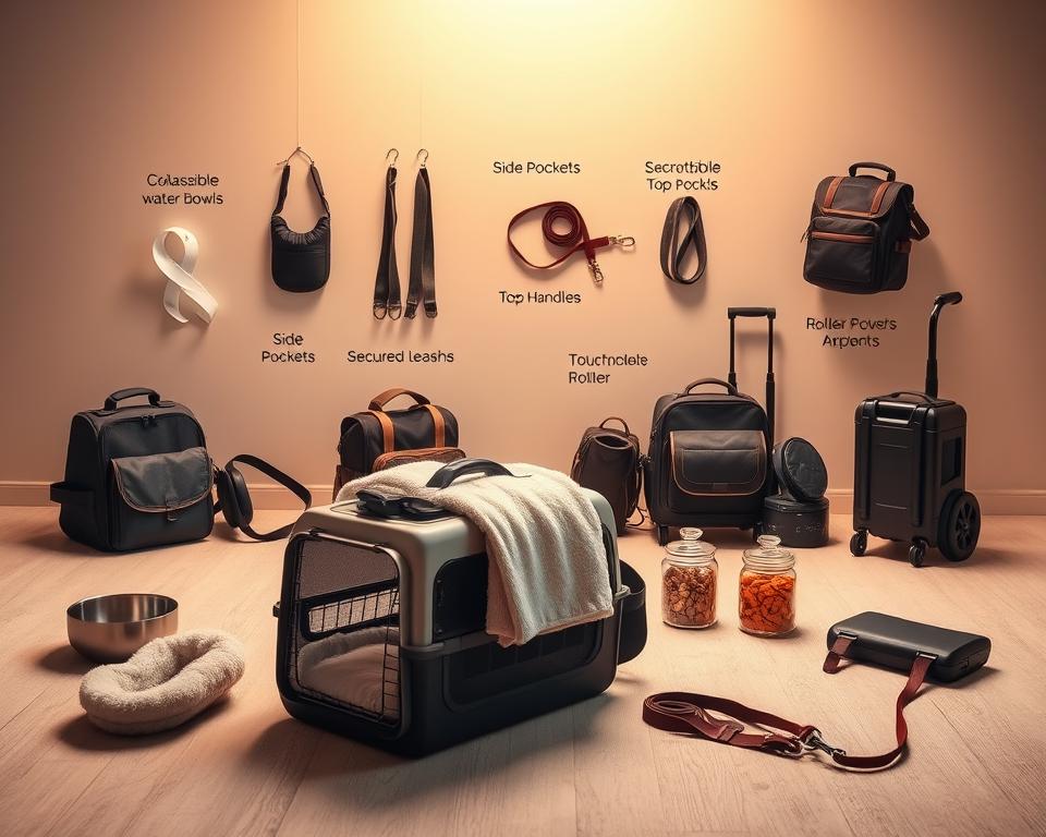 A cozy, well-lit studio scene featuring an array of essential cat carrier accessories. In the foreground, a stylish cat carrier with plush bedding and a soft fleece blanket. Surrounding it, a collection of thoughtfully designed items - collapsible water bowls, secured leashes, and treats in decorative jars. The middle ground showcases a variety of carrier attachments like side pockets, top handles, and rollers for effortless transport. In the background, a minimalist, neutral-toned wall acts as a clean backdrop, allowing the accessories to take center stage. The lighting is warm and inviting, creating a serene atmosphere that caters to a cat's comfort and their owner's style.