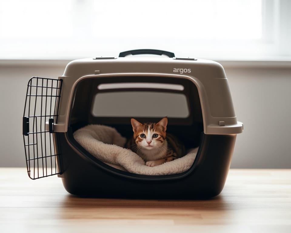 A cozy, well-lit studio setting with a small cat carrier from Argos in the foreground, showcasing its compact size and sleek design. The carrier is positioned on a wooden table, surrounded by a soft gray background that accentuates its form. The carrier's interior is visible, with plush bedding and a small cat or kitten nestled comfortably inside, conveying a sense of security and comfort. The lighting is soft and natural, creating gentle shadows and highlights that emphasize the carrier's texture and materials. The overall mood is calm and inviting, reflecting the reliable and practical nature of the Argos cat carrier for small breeds and kittens.