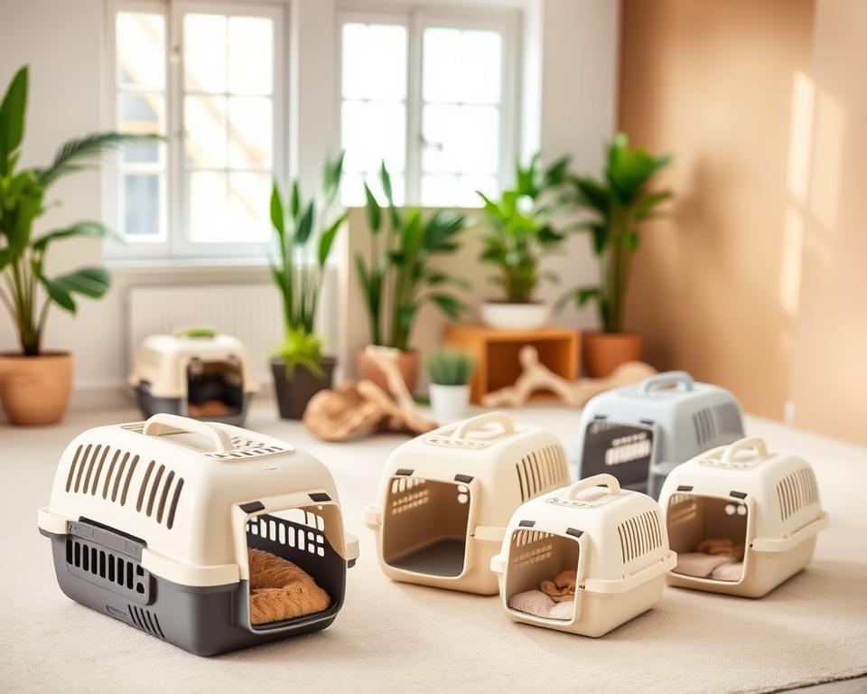 A cozy, well-lit studio setting with natural light filtering through large windows. In the foreground, a collection of eco-friendly cat carriers made from sustainable materials like bamboo, organic cotton, and recycled plastic. Each carrier has a sleek, minimalist design with ventilated panels and comfortable padded interiors. In the middle ground, potted plants and natural decor elements like driftwood create a calming, nature-inspired ambiance. The background features a soft, blurred backdrop of earthy tones, hinting at the carriers' environmentally conscious ethos. The overall scene conveys a sense of comfort, convenience, and responsible pet ownership.