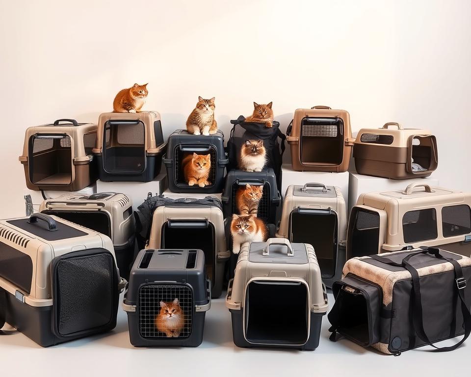 A cozy, well-lit studio shot of an assortment of diverse cat carrier cases in various sizes, shapes, and materials, such as soft-sided mesh, hard-sided plastic, and fabric-covered carriers. The carriers are arranged on a clean white backdrop, allowing their features and details to be the focal point. The lighting is warm and natural, creating a sense of comfort and security. The carriers are positioned at different angles, showcasing their functionality and design elements, such as ventilation, storage pockets, and adjustable straps. The overall composition highlights the variety of options available to accommodate cats of different sizes and needs, aligning with the "Size Guidelines for Cat Carriers" section of the article.