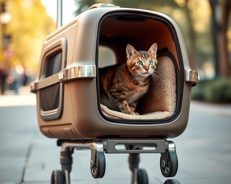 A cozy wheeled cat carrier, its plush interior providing a comfortable ride for a curious feline. The carrier is a warm neutral hue, complemented by sleek brushed metal accents that catch the soft, diffused light. The carrier sits atop a sturdy yet lightweight frame with smooth-rolling wheels, allowing for effortless navigation through busy streets or tranquil parks. The cat's head pokes out inquisitively, its eyes bright and alert, as it surveys its surroundings from the secure confines of its mobile sanctuary. The overall scene conveys a sense of ease and adventure, perfect for a cat's journey, whether to the vet or a weekend getaway.