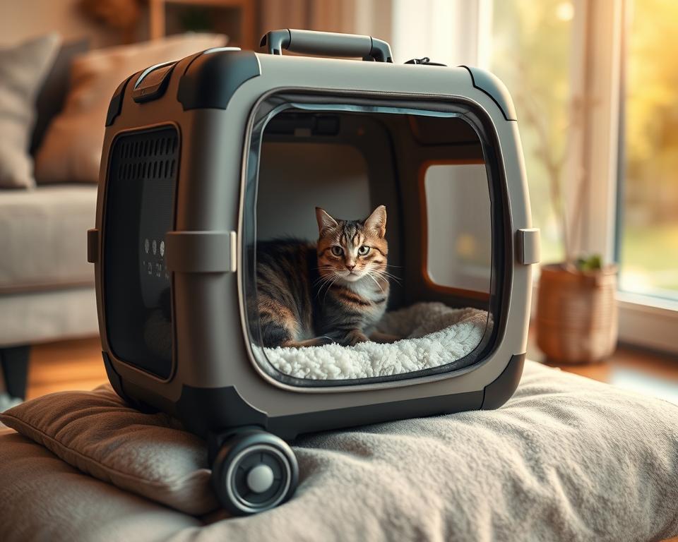A cozy wheeled cat carrier rests on a plush cushion, its interior lined with soft, plush fabric. The carrier features a transparent front panel, allowing your feline companion to survey their surroundings during transport. Sturdy, well-designed wheels ensure a smooth, comfortable ride, while ventilation holes provide ample airflow. Subtle metallic accents lend an elegant touch, complementing the carrier's sleek, modern design. Warm, diffused lighting illuminates the scene, creating a calming, inviting atmosphere that your cat will find reassuring. The carrier is positioned in a serene, natural setting, such as a cozy living room or a tranquil outdoor scene, to further enhance the sense of comfort and security.