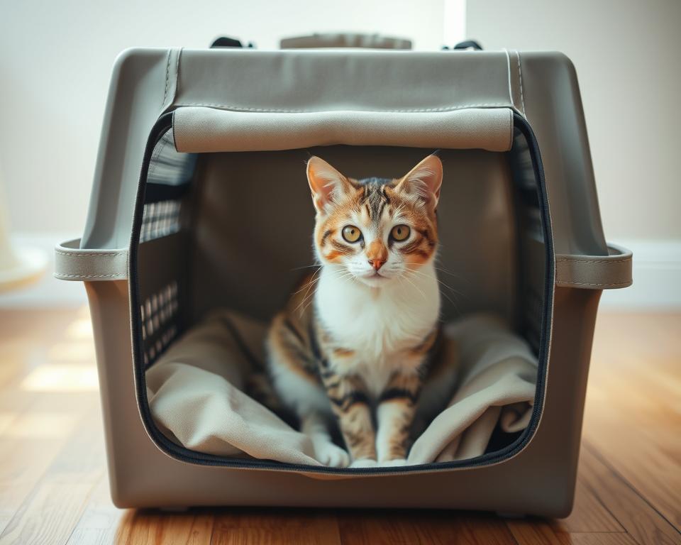 A curious cat sitting calmly inside a sturdy, top-opening pet carrier. The feline's attentive gaze peers out from the carrier's mesh window, surrounded by a soft, neutral-toned interior. Natural, diffused lighting floods the scene, creating a warm, inviting atmosphere. The carrier is positioned on a hardwood floor, with a minimalist, uncluttered background that allows the subject to take center stage. The cat's body language conveys a sense of comfort and security, reflecting the carrier's design for safe, stress-free travel. Detailed textures and lifelike features bring the cat to life, showcasing the carrier's ability to provide a familiar, reassuring environment for your feline companion.