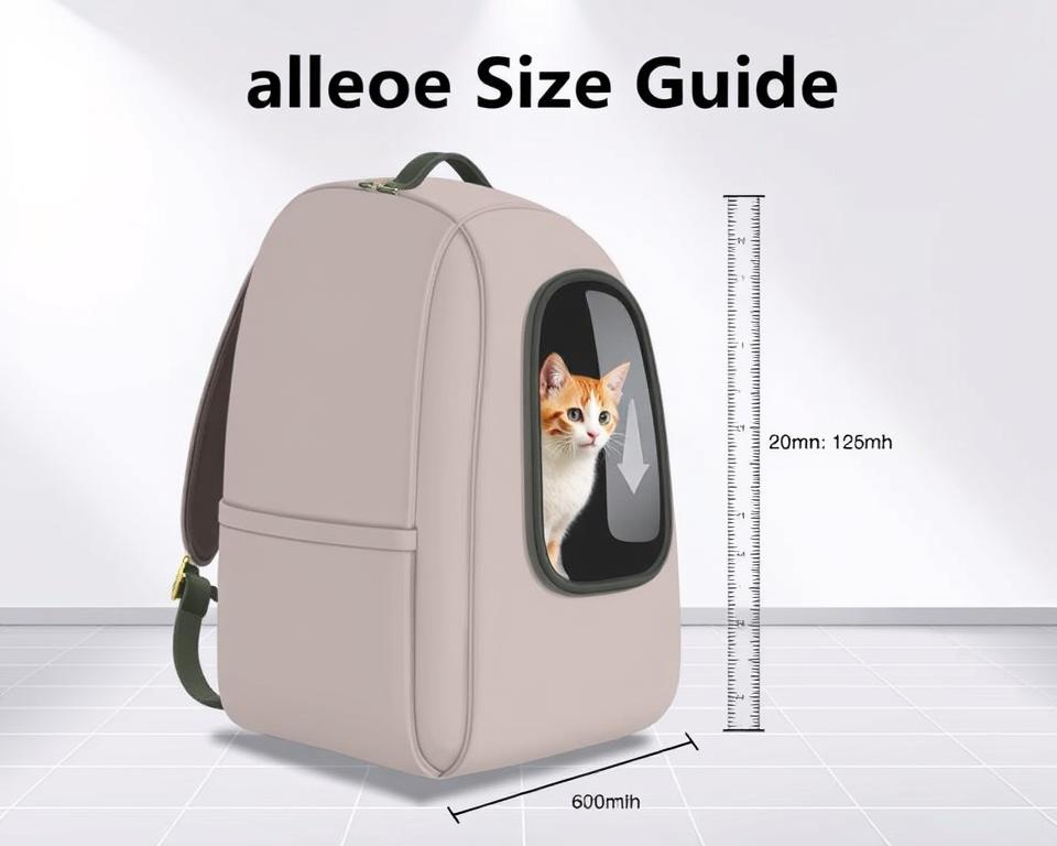 A detailed size guide illustration of a backpack cat carrier. In the foreground, a sleek, modern backpack carrier in a neutral color, with a transparent side panel showcasing a curious cat peering out. In the middle ground, a ruler or measuring tape, indicating the key dimensions - height, width, and depth. The background features a clean, minimalist setting with subtle grid lines, creating a sense of scale and proportion. The lighting is soft and diffused, accentuating the materials and textures of the carrier. The overall mood is informative yet visually appealing, guiding the viewer to visualize the ideal size for their feline companion's travel needs.