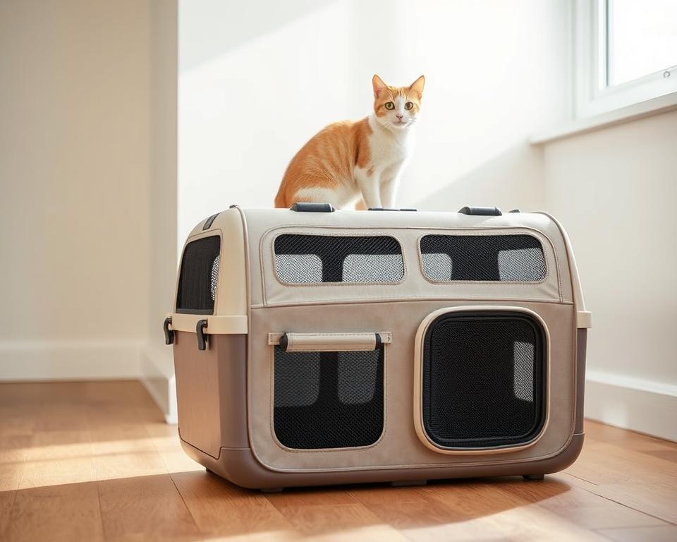 A dual cat carrier with a sleek, minimalist design stands in a well-lit room. The carrier is made of sturdy, lightweight materials in a neutral tone, with mesh panels that allow for ample airflow and visibility. The front compartment features a secure door, while the top section can be easily accessed. The carrier is positioned on a wooden floor, with natural light streaming in from a nearby window, casting a warm, inviting glow. The scene conveys a sense of practicality and comfort, perfect for transporting two feline companions in the UK.