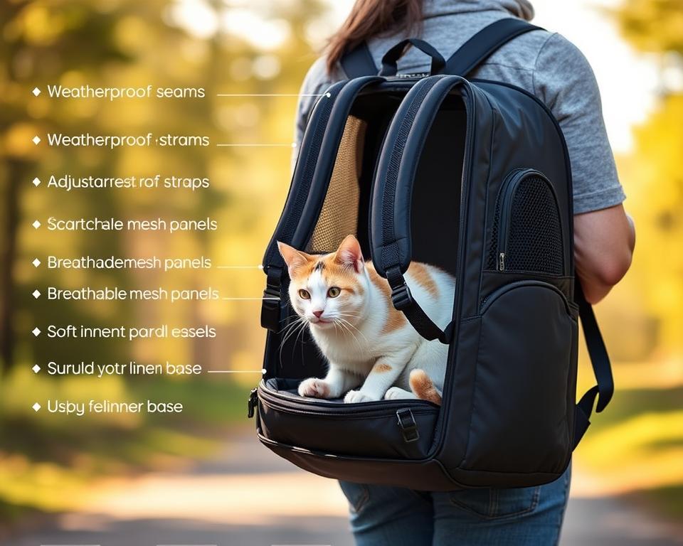 A durable, high-quality cat carrier backpack made from weatherproof, scratch-resistant nylon. The backpack features reinforced seams, adjustable straps, and breathable mesh panels to ensure your feline companion's comfort and safety during outdoor adventures. Soft inner lining and a padded base provide a cozy resting spot, while the sturdy, yet lightweight design allows for easy maneuvering. Illuminated by warm, natural lighting, the backpack is depicted from a mid-level angle, highlighting its sleek, modern aesthetic and emphasizing the material's sturdy, premium construction.