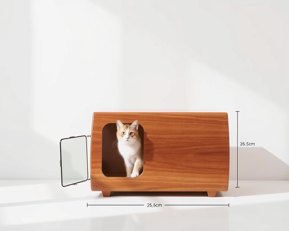 A finely crafted wooden cat carrier sits against a minimalist white backdrop, its dimensions meticulously measured and displayed. The carrier's sleek design features a transparent front panel, allowing a curious feline to peer out. Soft natural lighting gently illuminates the scene, highlighting the carrier's premium materials and precise construction. The image conveys a sense of thoughtful consideration for the pet's comfort and the owner's need for a well-designed, practical solution. The overall mood is one of refined elegance and attention to detail, reflecting the importance of selecting the right size for a cherished companion.