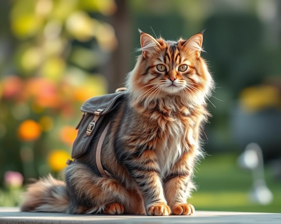 A fluffy tabby cat sitting upright, wearing a comfortable-looking backpack. The backpack is positioned at a slight angle, with its straps adjusted to fit the cat's frame snugly. The cat's eyes are alert, and its expression conveys a sense of adventure and curiosity. The scene is illuminated by soft, natural lighting, casting gentle shadows and highlighting the cat's fur and the backpack's details. The background is a serene outdoor setting, perhaps a lush garden or a tranquil park, providing a peaceful and inviting atmosphere. The overall composition emphasizes the size and fit of the backpack, showcasing its suitability for the feline companion.