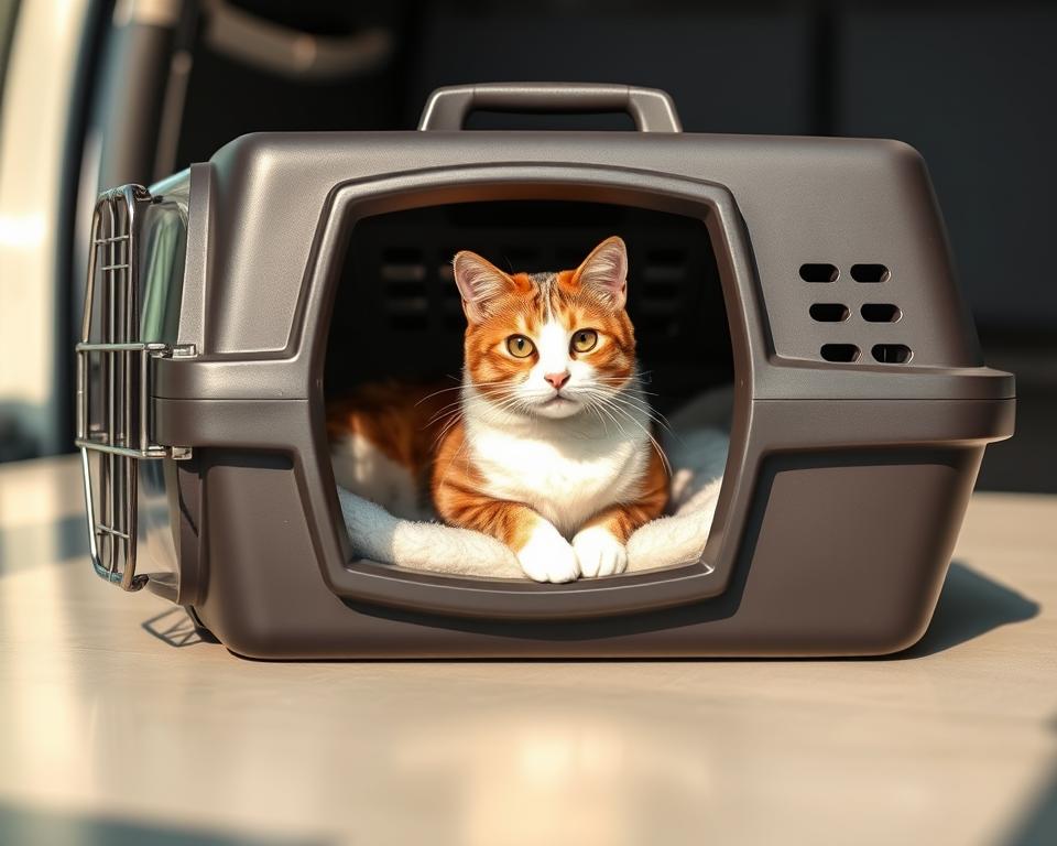 A hard-sided cat carrier resting on a smooth surface, bathed in warm, natural lighting. The carrier's shell is made of durable plastic with a transparent front panel, allowing the feline passenger to observe its surroundings. Sleek metal hardware and ventilation panels lend an air of modern, practical design. The carrier's interior is plush and comfortable, with a cozy bedding for the cat's travel. The overall scene conveys a sense of safety, security, and thoughtful consideration for the pet's well-being during transport.