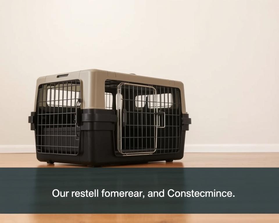 A heavy-duty, industrial-grade kitty carrier standing prominently in the foreground, its sturdy steel frame and thick, scratch-resistant panels conveying durability and reliability. The carrier is positioned on a clean, well-lit hardwood floor, with a minimal, uncluttered background that allows the product to take center stage. Soft, even lighting from above casts subtle shadows, accentuating the carrier's rugged construction and attention to detail. The overall mood is one of quality, practicality, and confidence, reflecting the key features highlighted in the "Durable Materials and Construction Quality" section of the article.