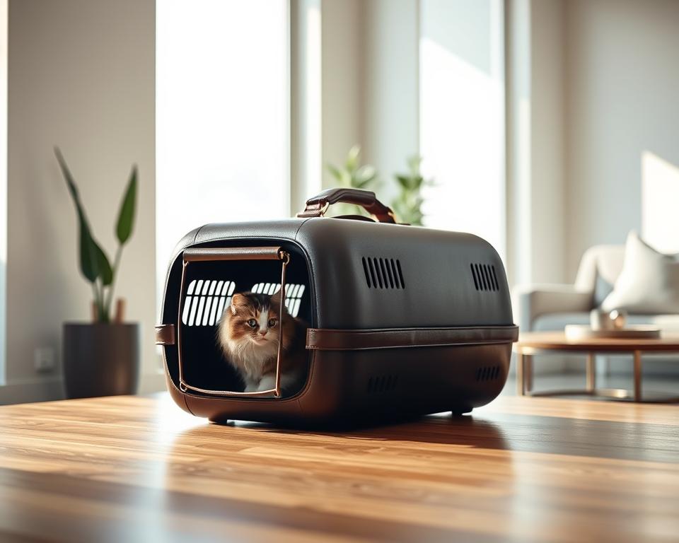 A high-end cat carrier in a stylish, minimalist design rests on a sleek hardwood surface, its premium materials and craftsmanship evident in the smooth leather accents and brushed metal hardware. The carrier is illuminated by soft, natural lighting filtering through a large window, casting a warm, inviting glow. In the background, a neutral, airy space with subtle plant life and subtle decor elements creates a tranquil, sophisticated atmosphere, perfectly suited for the discerning pet owner seeking a premium travel solution for their feline companion.