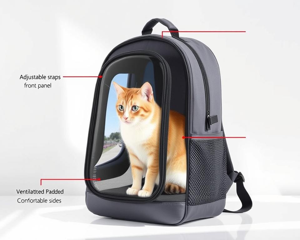 A high-quality backpack cat carrier with a transparent front panel, allowing your feline companion to comfortably observe their surroundings. The carrier features adjustable straps, ventilated mesh sides, and a sturdy, padded interior for a secure and comfortable ride. Set against a clean, bright background, the backpack is illuminated by natural lighting, showcasing its sleek design and premium materials. The overall scene conveys a sense of convenience and versatility, highlighting the essential features that make this carrier an ideal choice for transporting your cat in style and comfort.