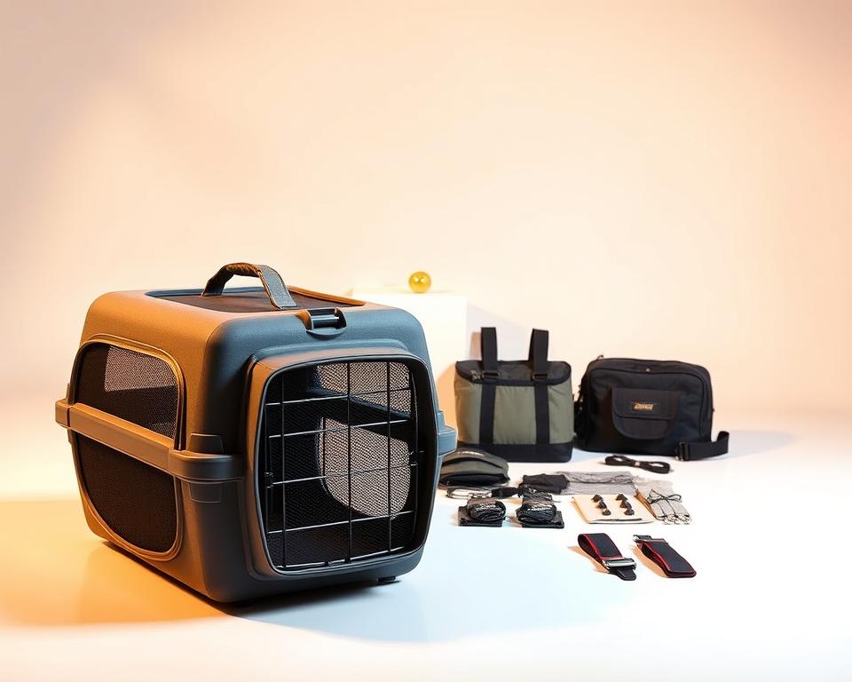 A high-quality cat carrier in a brightly lit studio setting. The carrier is positioned in the foreground, showcasing its sturdy construction and sleek design. The carrier features a combination of mesh and durable fabric, allowing for ample ventilation and visibility. In the middle ground, an assortment of carrier accessories, such as padded straps and removable liners, are arranged neatly. The background is clean and minimalist, with a soft gradient to emphasize the carrier's features. The lighting is warm and diffused, creating a professional and inviting atmosphere. The overall image conveys a sense of quality, functionality, and attention to detail that would be suitable for an article on the best pet carriers available in the UK market.