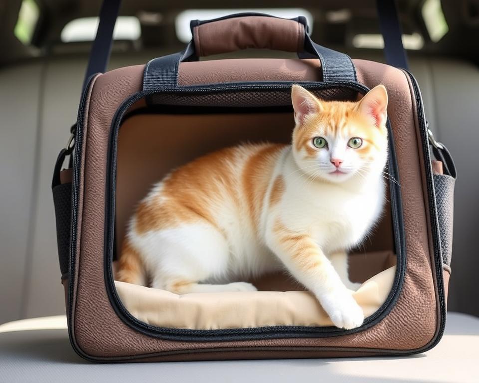 A high-quality, durable cat carrier bag made of sturdy yet lightweight material, such as woven polyester or nylon. The bag has a well-padded interior to ensure a comfortable ride for your feline companion. The exterior features a sleek, modern design with minimalist accents, available in a range of neutral or earthy tones to complement any style. Thoughtfully crafted with breathable mesh panels and secure, adjustable straps for ease of use. The bag is illuminated by soft, diffused natural lighting, captured from an eye-level perspective to showcase its practical yet stylish appeal.