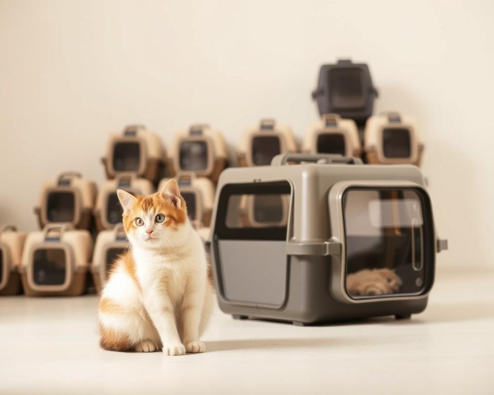 A high-quality, hard-sided cat carrier in a sleek, modern design sits prominently in the foreground. The carrier features a transparent front window, allowing the feline occupant to comfortably observe its surroundings. The mid-ground showcases an array of similar carriers in various neutral tones, neatly arranged to present a curated selection. The background gently fades into a soft, minimalist setting, highlighting the functional yet stylish nature of these practical pet accessories. Soft, diffused lighting creates a warm, inviting atmosphere, emphasizing the premium quality and attention to detail of these top-tier hard-sided cat carriers available in the UK market.