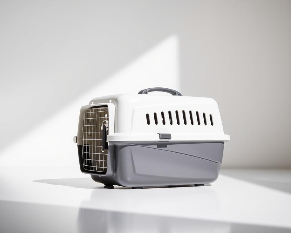 A high-quality, hard-sided pet carrier with a sleek, modern design. The PetMate Sky Kennel features a sturdy polycarbonate shell, secure latches, and a well-ventilated front panel. Positioned in a bright, airy studio setting, the carrier sits atop a smooth, reflective surface, casting a subtle shadow. Soft, diffused lighting from above highlights the carrier's glossy finish and accentuates its elegant silhouette. The overall composition conveys a sense of premium quality and practicality, perfectly suited for the discerning UK traveller.