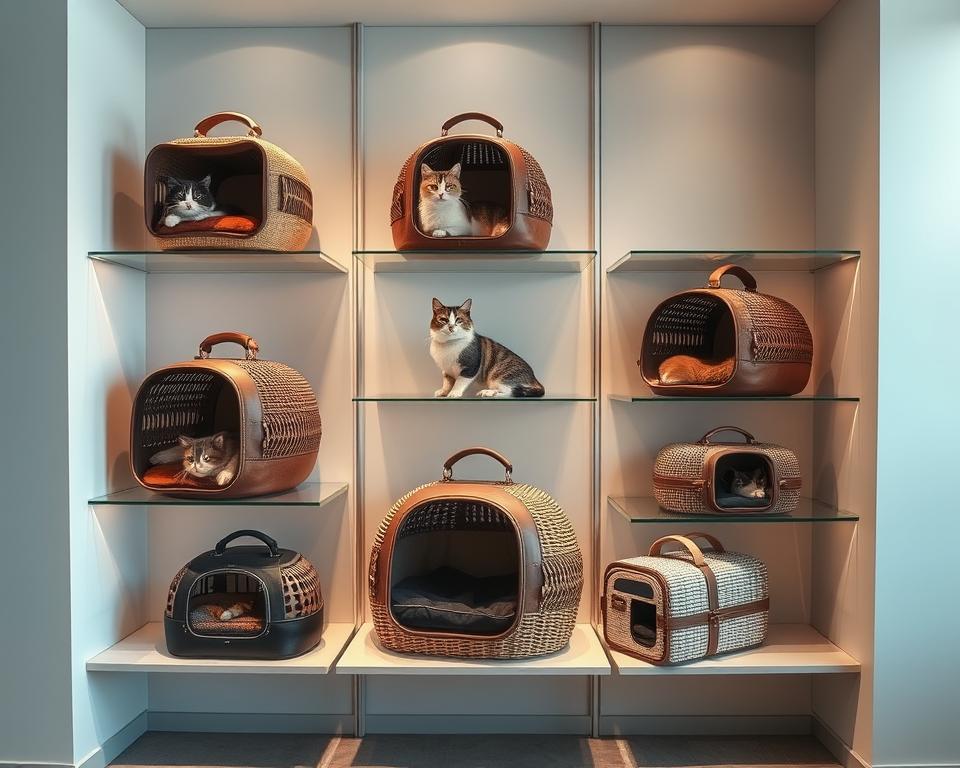 A high-quality, high-resolution image of several exclusive cat carriers displayed in a modern, well-lit showroom setting. The carriers are showcased on sleek, minimalist shelves or displays, with a neutral-toned background that allows the products to take center stage. The carriers feature a variety of premium materials, such as leather, velvet, or rattan, in a range of neutral and muted colors that complement the elegant, sophisticated atmosphere. Soft, directional lighting highlights the intricate details and craftsmanship of the carriers, creating a sense of luxury and exclusivity. The overall composition is visually balanced and aesthetically pleasing, inviting the viewer to imagine these high-end cat carriers as the perfect addition to a stylish, pet-friendly home.