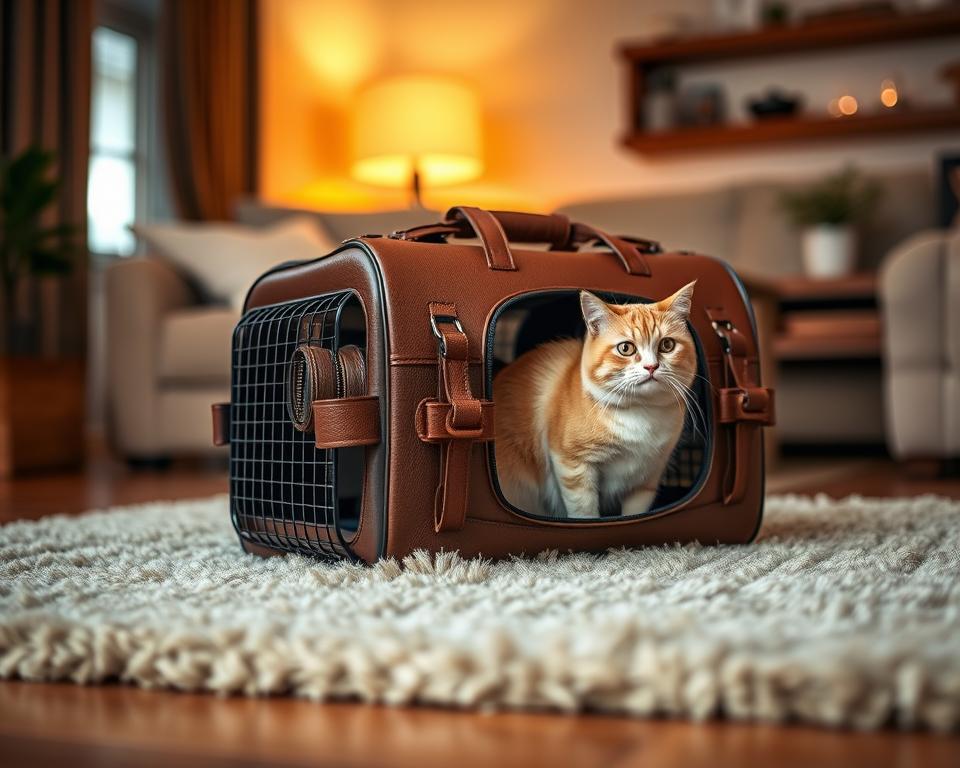 A high-quality, leather-accented pet carrier for discerning cat owners, resting on a soft, beige throw rug in a cozy, well-lit home interior. The carrier features premium hardware, sleek design, and discreet ventilation panels, creating a stylish and comfortable travel solution for feline companions. Warm, indirect lighting from an unseen source casts a gentle glow, highlighting the carrier's thoughtful features and the serene, inviting atmosphere. The scene conveys a sense of luxury, safety, and care for one's beloved cat.