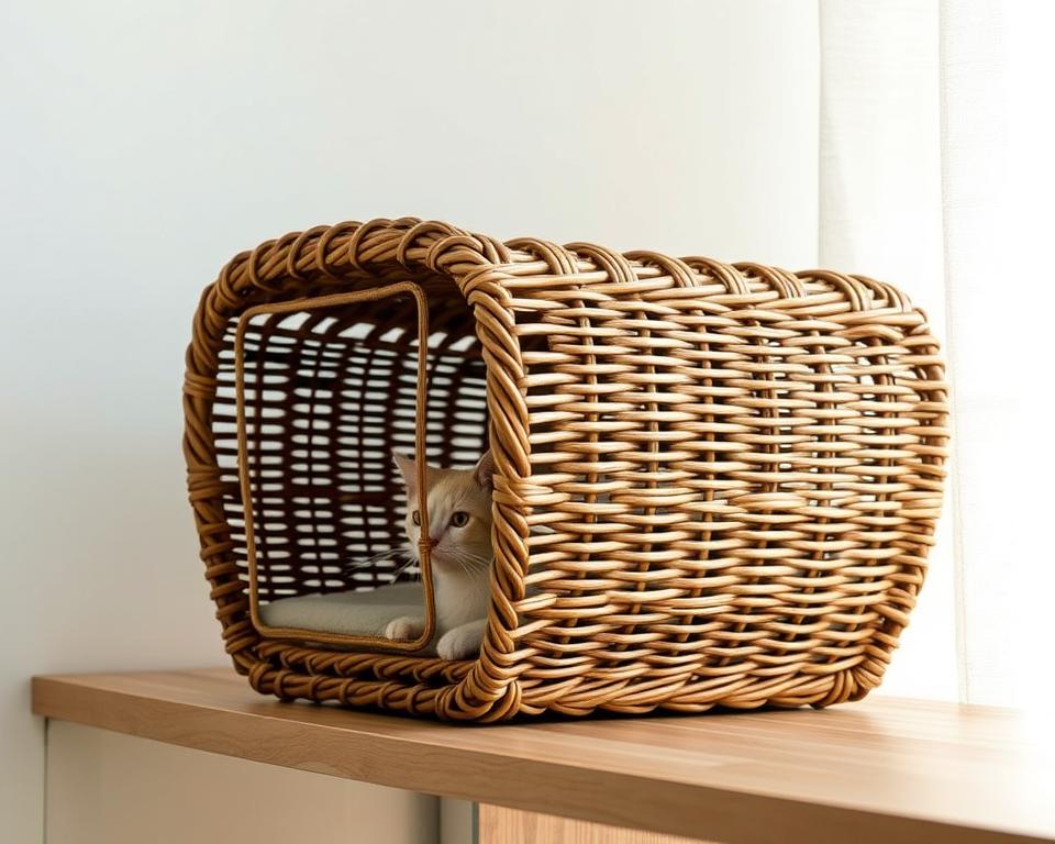 A high-quality photograph of a sturdy, woven cat basket carrier in a natural, well-lit setting. The carrier is made of durable, plaited rattan or wicker, with a reinforced, padded interior and ventilated sides. It is perched on a wooden table or shelf, against a neutral, light-colored backdrop, such as a white wall or soft-textured fabric. The carrier is positioned at a slight angle, allowing a clear view of its intricate weave pattern and functional design. Soft, diffused lighting from the side creates gentle shadows and highlights the carrier's tactile, artisanal qualities. The overall mood is serene, showcasing the carrier's practicality and aesthetic appeal for safe, comfortable pet travel.