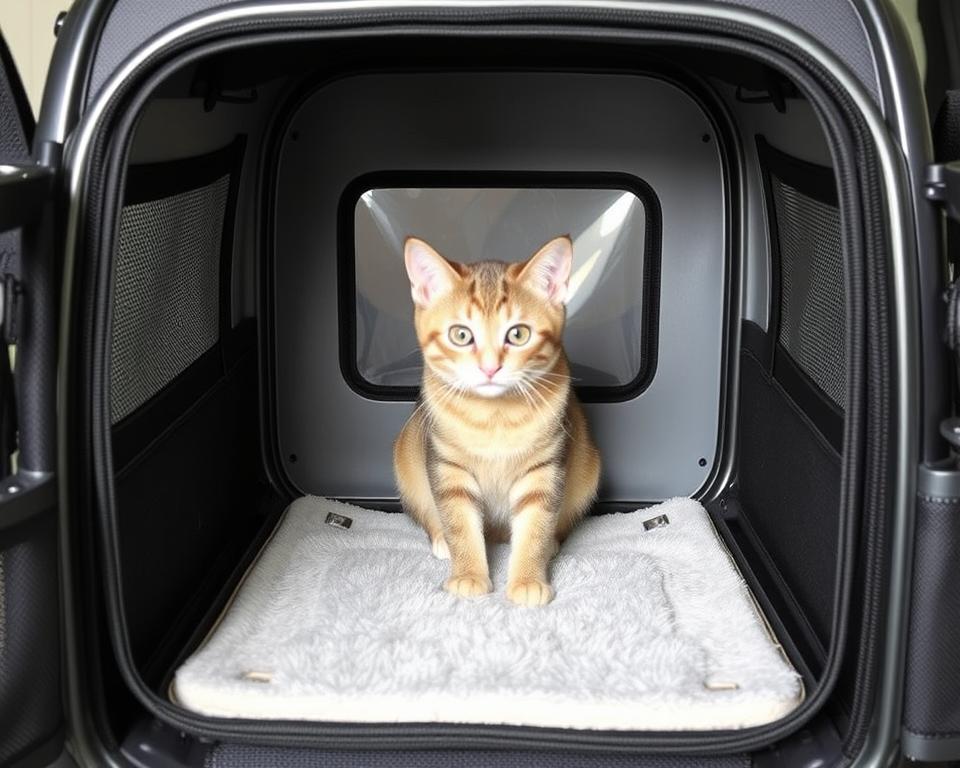 A high-quality, premium cat carrier with a spacious and comfortable interior. The carrier has a sleek, modern design with a sturdy metal frame and durable, scratch-resistant fabric panels. The front panel features a large, transparent window, allowing your feline friend to comfortably observe their surroundings. The carrier is well-ventilated, with multiple mesh panels for airflow. It has padded, adjustable shoulder straps for easy transport, as well as a reinforced handle for secure carrying. The interior is lined with a soft, plush mat, providing a cozy and inviting space for your cat. The carrier is designed to accommodate cats of various sizes, ensuring a secure and comfortable travel experience.