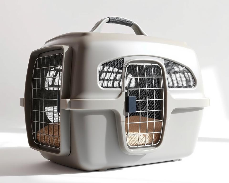 A high-quality, premium cat carrier with a sturdy, reinforced plastic shell and a smooth, polished surface. The carrier has a well-ventilated mesh panel on the front and top, allowing for ample airflow and visibility. A plush, removable cushion lines the interior, providing a cozy, comfortable space for your feline companion. The carrier features a secure, adjustable strap handle and a top-loading design for easy access. Captured in a clean, minimalist studio setting with soft, diffused lighting that accentuates the carrier's sleek, modern aesthetic. The image should convey a sense of quality, functionality, and care for the pet's well-being.