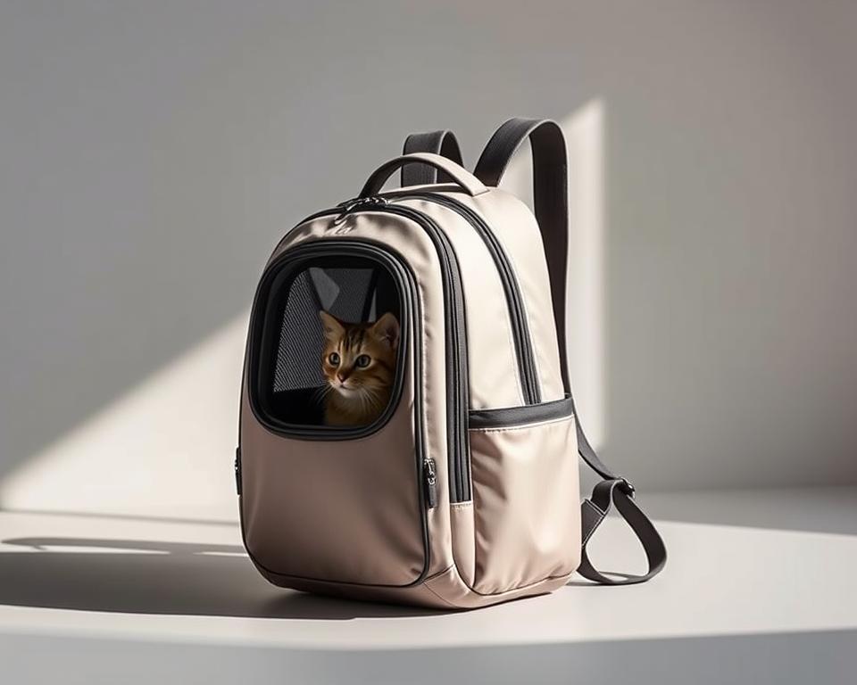 A high-quality, well-designed cat carrier backpack. Sleek and modern, crafted from durable yet lightweight materials. The carrier's front features a transparent mesh window, allowing the cat to comfortably observe their surroundings. Ergonomic shoulder straps distribute the weight evenly, ensuring a comfortable hands-free carrying experience. The backpack is positioned at a slight angle, creating a dynamic, three-quarter view. Soft, neutral tones and clean lines give the carrier a sophisticated, premium appearance. Diffused, directional lighting casts gentle shadows, highlighting the backpack's form and materials. The scene conveys a sense of effortless mobility and convenience for the cat owner.