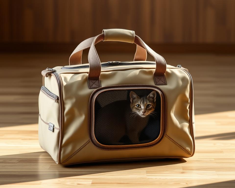A high-quality, well-designed cat carrier bag in a neutral, earthy tone sitting on a wooden surface. The bag is made of durable, water-resistant material with sturdy handles and breathable mesh panels, providing a comfortable and secure space for your feline friend. The scene is evenly lit from the side, creating subtle shadows and highlights that accentuate the texture and form of the bag. The background is slightly blurred, keeping the focus on the carrier as the central subject. The overall mood is practical, yet stylish, reflecting the practical needs of pet owners while maintaining a visually appealing aesthetic.