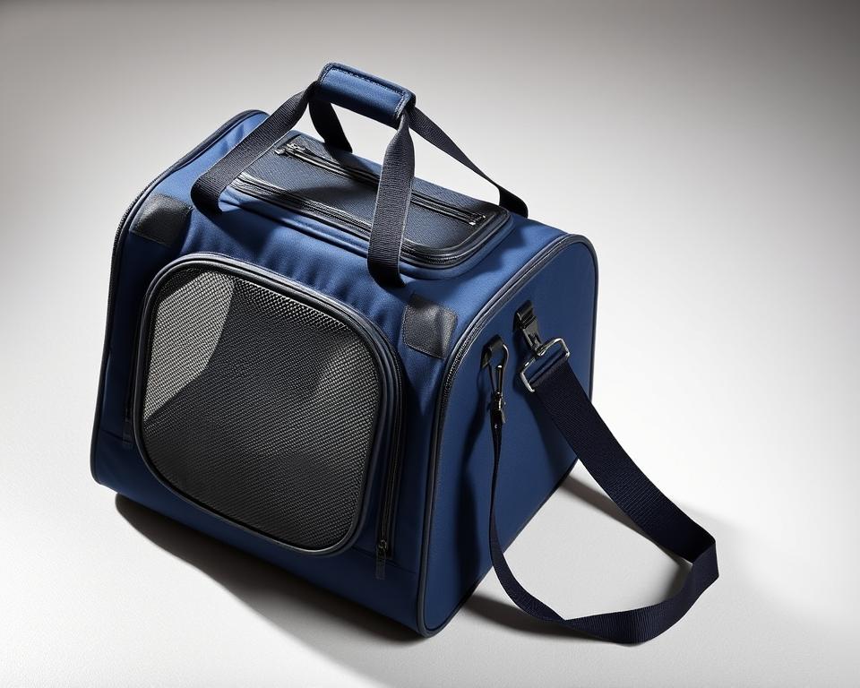 A high-quality, well-lit image of a modern, navy blue cat transport bag with a semi-rigid structure and zippered mesh panels for ventilation. The bag has reinforced handles and a detachable shoulder strap for comfortable carrying. It is placed on a neutral-colored surface, with a slight shadow underneath creating depth and realism. The lighting is soft and diffused, accentuating the texture of the fabric and creating gentle highlights. The camera angle is at a slight low-level, providing a clear and unobstructed view of the bag's design and features.