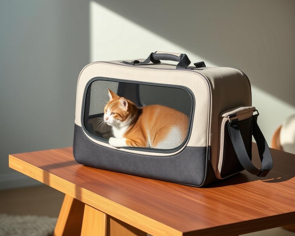A large, airline-approved cat carrier in a soft, durable fabric rests on a sleek, minimalist wooden table. The carrier features sturdy mesh panels for ventilation, a padded interior, and a comfortable carrying strap. Soft natural lighting illuminates the scene, accentuating the high-quality materials and thoughtful design. The carrier's neutral color palette blends seamlessly with the warm, earthy tones of the wooden surface, creating a harmonious and inviting atmosphere. This carrier exudes a sense of elegance and functionality, perfectly suited for feline travelers on the go.