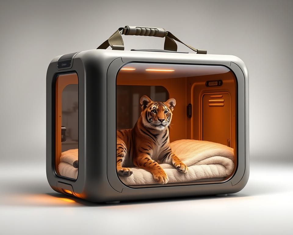 A large, luxurious cat carrier designed for transporting big cats, such as lions or tigers. The carrier is constructed from sturdy, reinforced materials in a sleek, modern design. The front features a large, clear viewing window, allowing the feline occupant to observe its surroundings. Robust carrying handles and a padded shoulder strap enable comfortable transport. The interior is spacious and well-ventilated, with soft, plush bedding for the cat's comfort. Discreet security features, such as tamper-proof locks, ensure the safety of both the cat and its handler. Warm, indirect lighting illuminates the carrier, creating a calming atmosphere. The carrier is situated in a minimalist, contemporary setting, with a plain background that allows the product to take center stage.