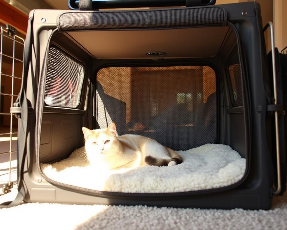 A large, spacious cat carrier dominates the frame, its sturdy design and ample interior visible. Soft, plush bedding lines the bottom, creating a cozy haven for a feline companion. The carrier's exterior features a transparent mesh panel, allowing the cat to survey its surroundings while remaining secure. Warm, natural lighting filters through, casting a gentle glow and inviting the viewer to envision a cat comfortably nestled within. The carrier's generous proportions and thoughtful features suggest a product designed with the cat's comfort and well-being in mind, ready to facilitate a smooth and stress-free introduction to a new, expansive living space.