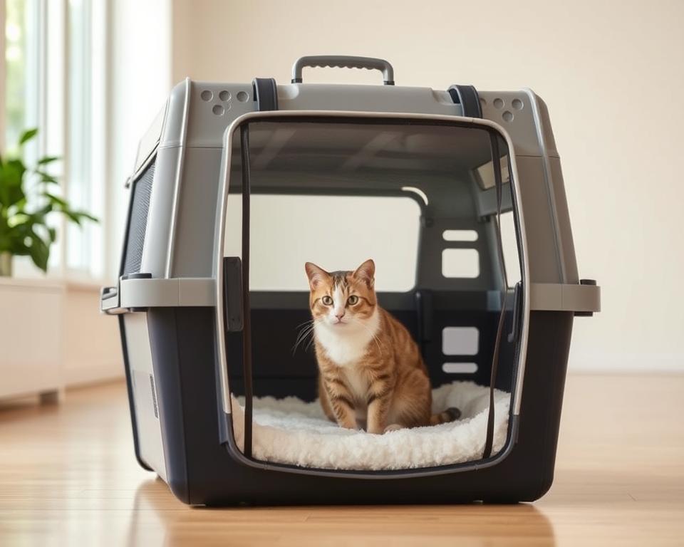 A large, spacious cat carrier stands prominently in a well-lit, airy room. The carrier's sturdy frame is made of durable, high-quality materials, with a large, transparent front panel that allows the cat to observe its surroundings. Plush, soft bedding lines the interior, creating a cozy and comfortable environment for the feline passenger. Ventilation holes on the sides and top ensure ample airflow, while the carrier's generous dimensions provide ample room for the cat to move around and settle in during the journey. The carrier is expertly designed to prioritize the cat's comfort and safety, with thoughtful features that make it an ideal choice for discerning pet owners.