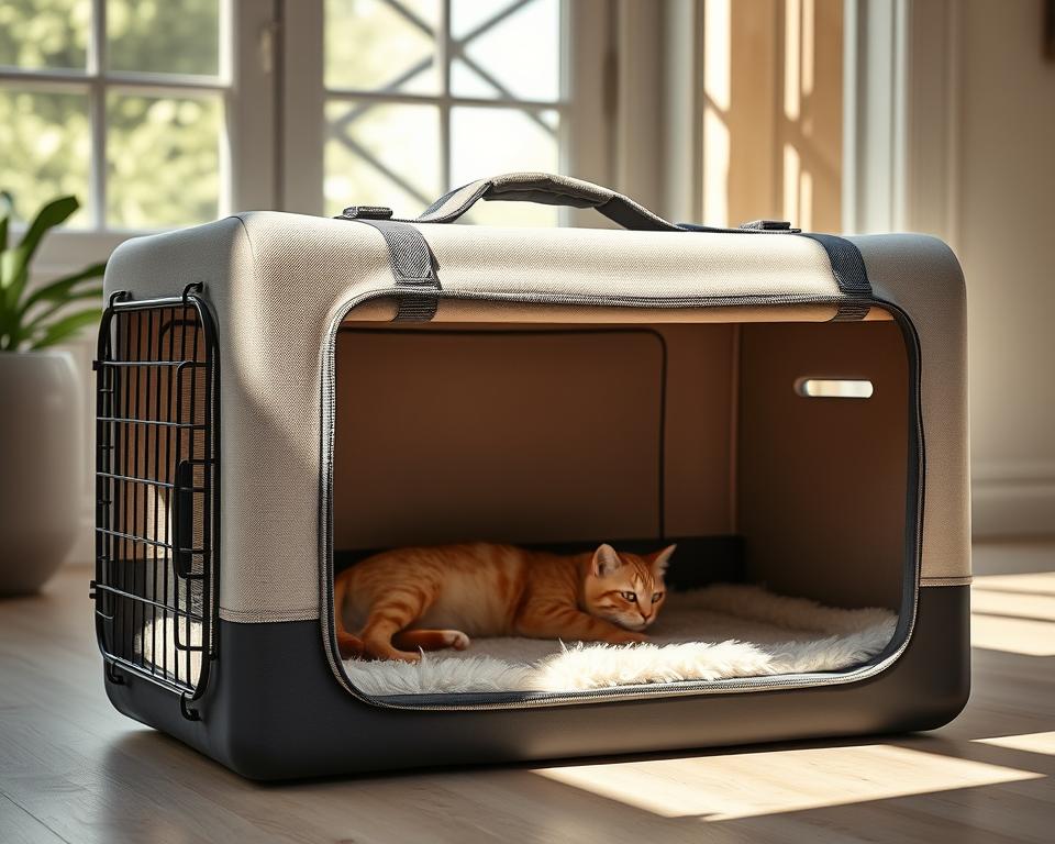 A large, spacious cat carrier with ample room for a sizable feline. The carrier features a sturdy, reinforced frame, well-ventilated sides, and a sturdy handle for easy transport. The interior is lined with a plush, padded mat for maximum comfort. Soft, neutral-toned fabrics in shades of beige and grey create a calming, premium aesthetic. Placed in a bright, sun-dappled room, the carrier is positioned at a slight angle, showcasing its roomy, rectangular design. Subtle shadows and highlights accentuate the three-dimensional form, while the overall mood is one of practicality and attention to the needs of large, pampered cats.