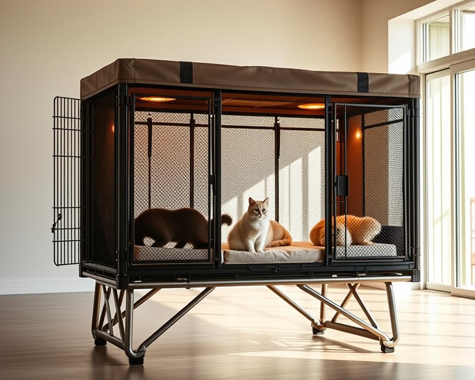A large, spacious cat carrier with multiple compartments and mesh panels, designed to safely accommodate multiple felines. The carrier stands on a sturdy metal frame, with a soft, plush interior and a durable, water-resistant exterior. Warm lighting creates a cozy atmosphere, while a wide door and side access points allow for easy entry and exit. The carrier is positioned in a bright, airy room, with natural sunlight filtering in through large windows, casting a gentle glow on the scene. The overall impression is one of comfort, safety, and thoughtful design for the needs of a multi-cat household.
